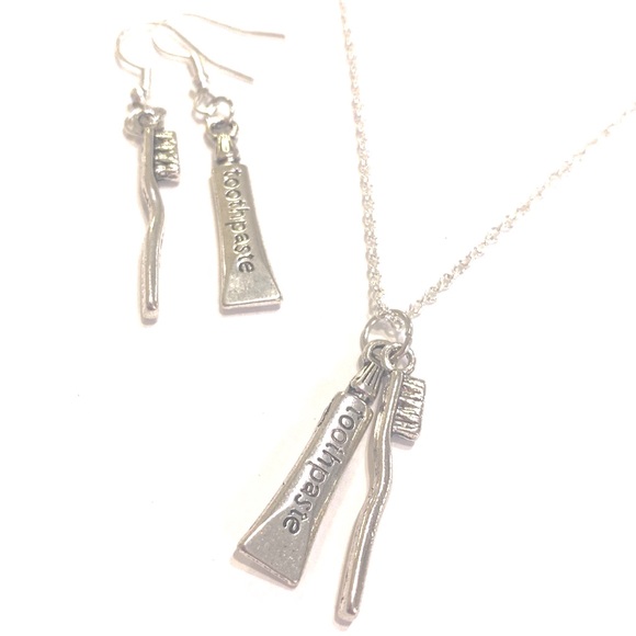 Dental Hygienist Dentist Necklace Earrings Set Silver Tone - Picture 3 of 5